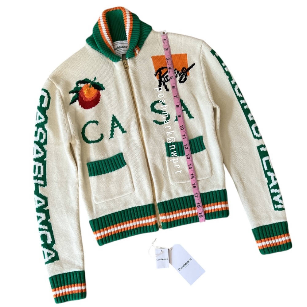 CASABLANCA 🐰 Casa Racing Knit Sweater Cardigan Off White Green Orange Rabbit XS - Picture 12 of 16